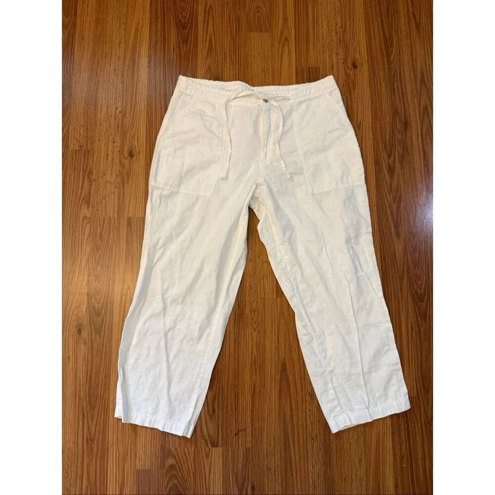 Columbia Women's Zip Fly Drawstring Linen Blend Cropped Pants White Large